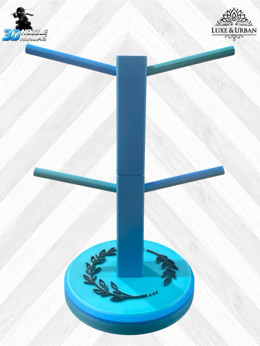 3D Custom Jewelry Stand: Blue-Green Gradient w/ Black Decorative Leaf Design